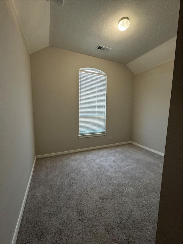 empty room featuring a textured ceiling, carpet floors, and lofted ceiling