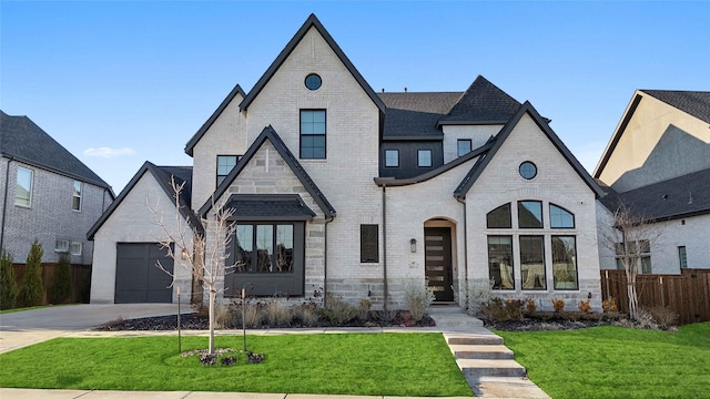 view of front of property with a garage and a front lawn