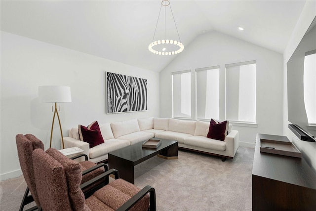 carpeted living room with lofted ceiling