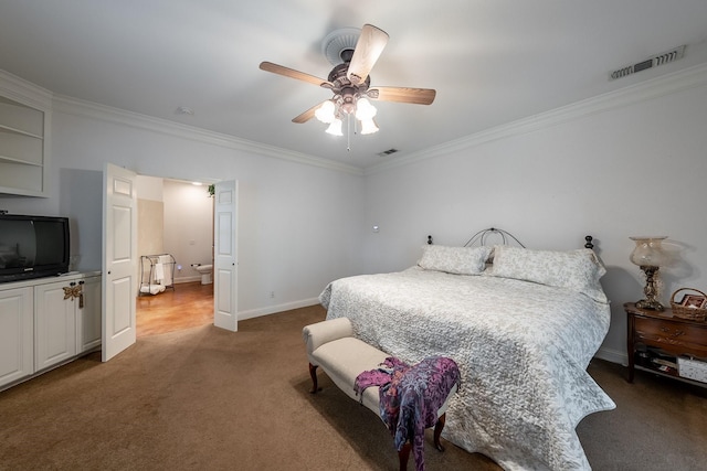 bedroom featuring carpet flooring, ceiling fan, and crown molding