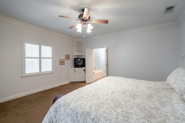 bedroom with dark colored carpet, ceiling fan, and crown molding