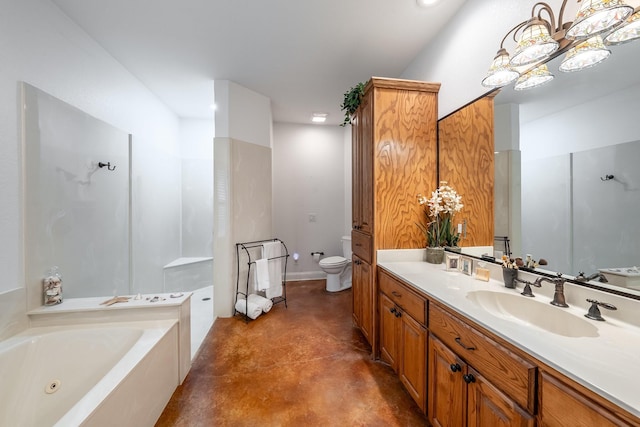 bathroom featuring vanity, wood walls, toilet, concrete floors, and a tub