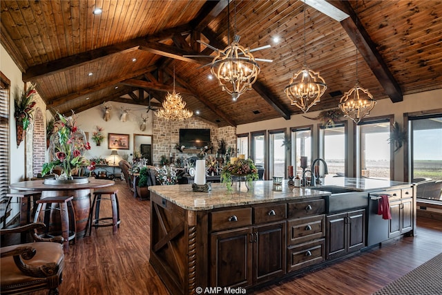 kitchen with an island with sink, dark brown cabinets, and sink