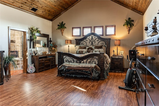 bedroom featuring high vaulted ceiling, wood-type flooring, wooden ceiling, and ornamental molding