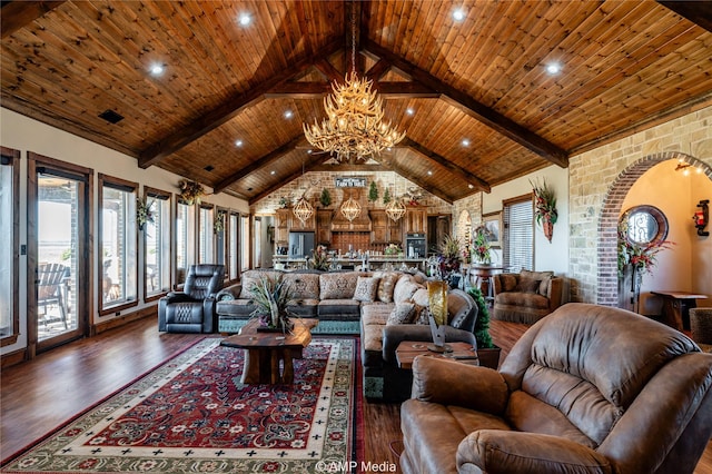 living room with high vaulted ceiling, wooden ceiling, and beamed ceiling