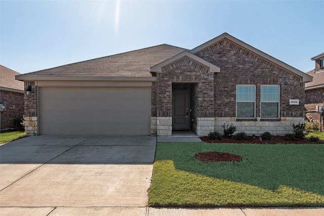 ranch-style home with concrete driveway, brick siding, an attached garage, and a front lawn