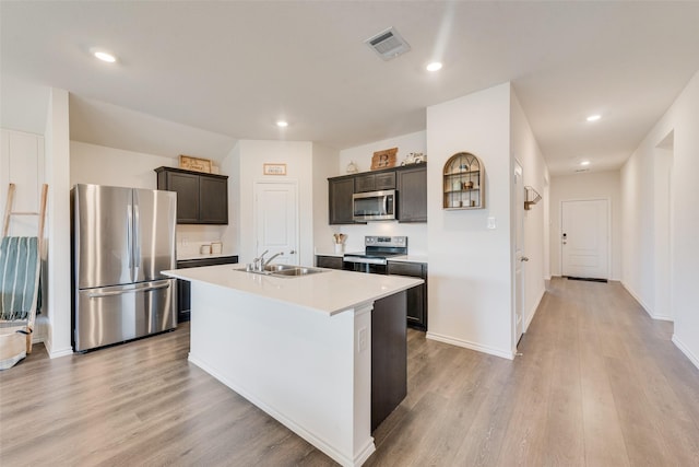 kitchen with a center island with sink, stainless steel appliances, light countertops, visible vents, and a sink