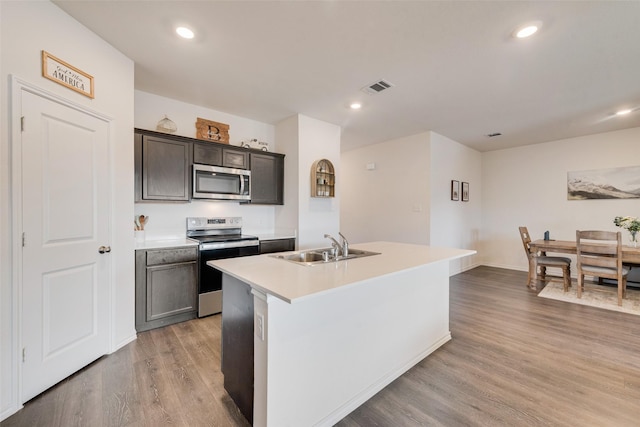 kitchen with stainless steel appliances, a sink, visible vents, light countertops, and a center island with sink