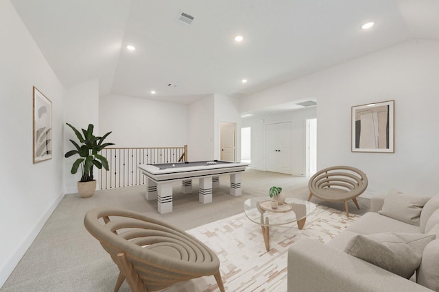 6040 Strada Cv, Fort Worth, TX 76123 - recreation room with light colored carpet, vaulted ceiling, recessed lighting, and baseboards