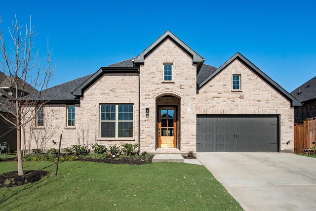 view of front facade with a front yard and a garage