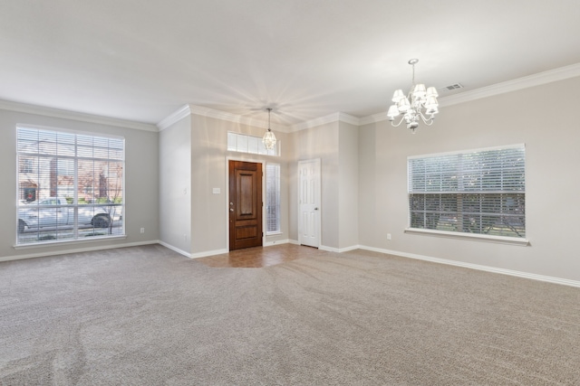 interior space featuring an inviting chandelier and ornamental molding