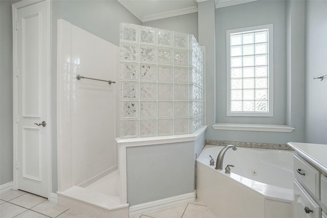 bathroom featuring tile patterned flooring, shower with separate bathtub, vanity, and plenty of natural light