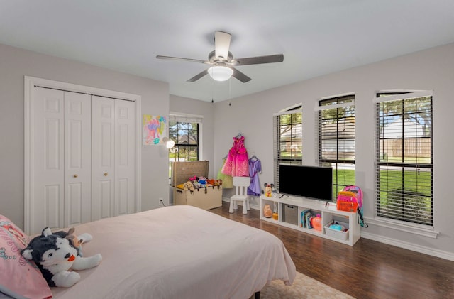 bedroom with dark hardwood / wood-style flooring, ceiling fan, and a closet