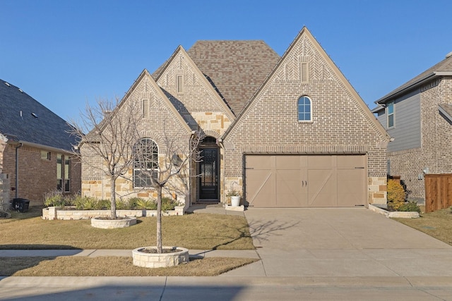 tudor house with a garage and a front yard