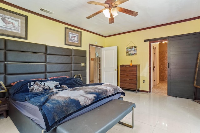 bedroom featuring ceiling fan, light tile patterned flooring, and crown molding