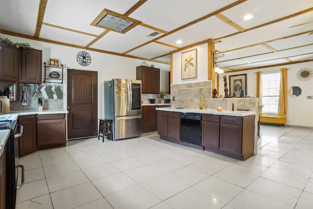 kitchen with black appliances, decorative backsplash, dark brown cabinets, and light tile patterned floors