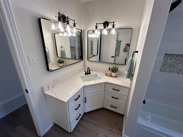 bathroom featuring hardwood / wood-style flooring and vanity