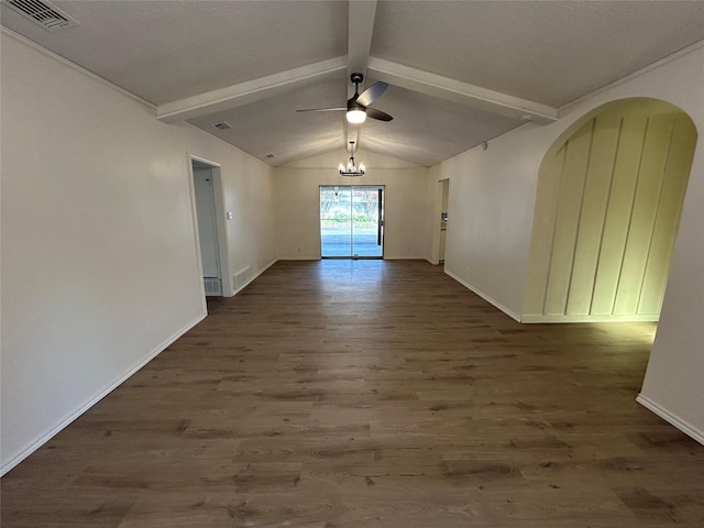 unfurnished room with dark hardwood / wood-style flooring, vaulted ceiling with beams, and ceiling fan with notable chandelier