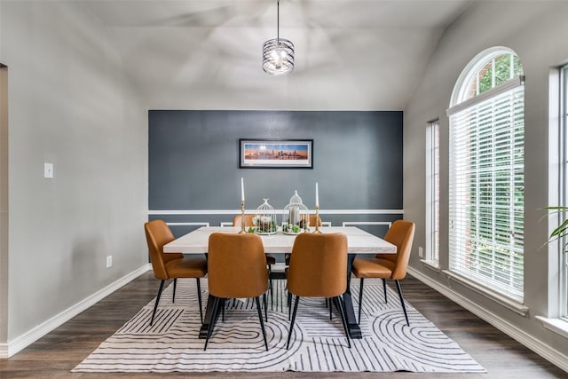 dining area featuring lofted ceiling and dark wood-type flooring