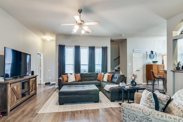 living room featuring ceiling fan and wood-type flooring