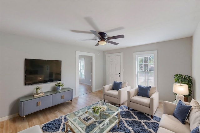 living room featuring ceiling fan and light hardwood / wood-style flooring