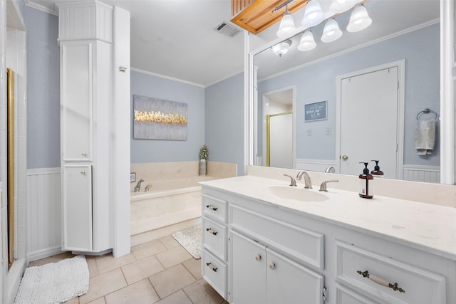 bathroom with plus walk in shower, tile patterned floors, crown molding, and vanity