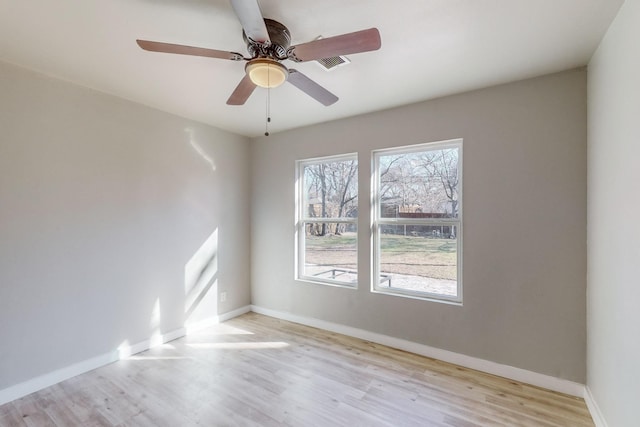 empty room with ceiling fan and light hardwood / wood-style floors