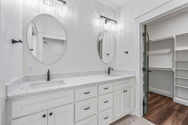 bathroom with hardwood / wood-style flooring and vanity