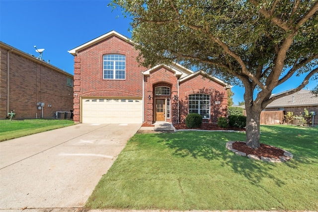 front of property with cooling unit, a garage, and a front lawn