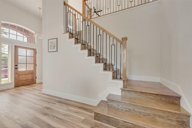 foyer with an inviting chandelier, light hardwood / wood-style floors, and a high ceiling