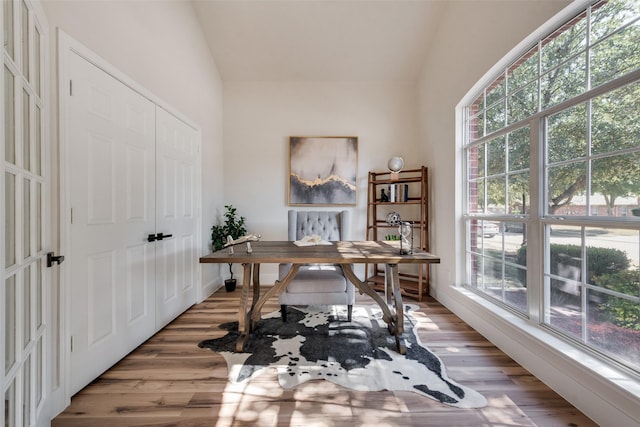 home office with lofted ceiling and wood-type flooring