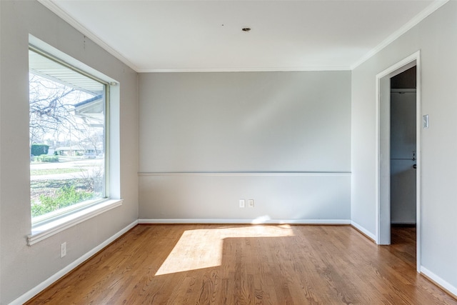 empty room featuring light wood-type flooring and crown molding