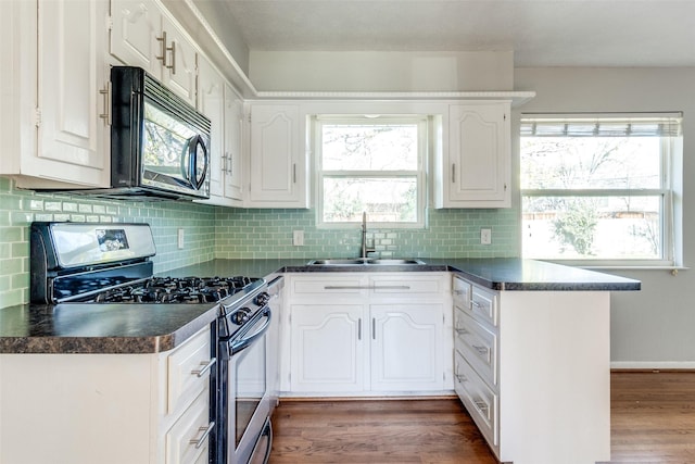 kitchen with white cabinets, stainless steel range with gas cooktop, sink, and tasteful backsplash