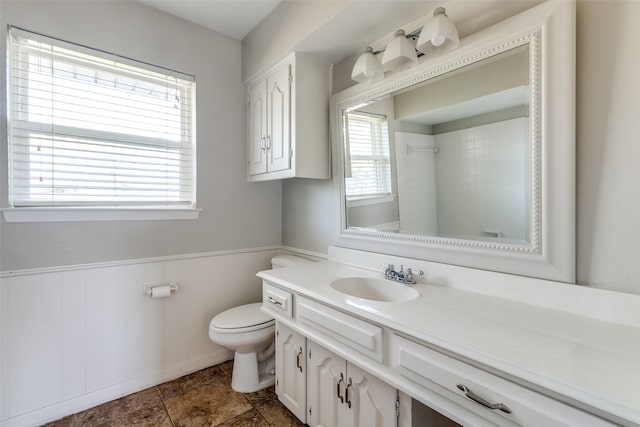 bathroom with vanity, toilet, and wooden walls