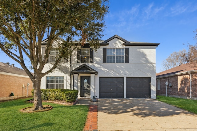 traditional home with an attached garage, brick siding, driveway, and a front lawn