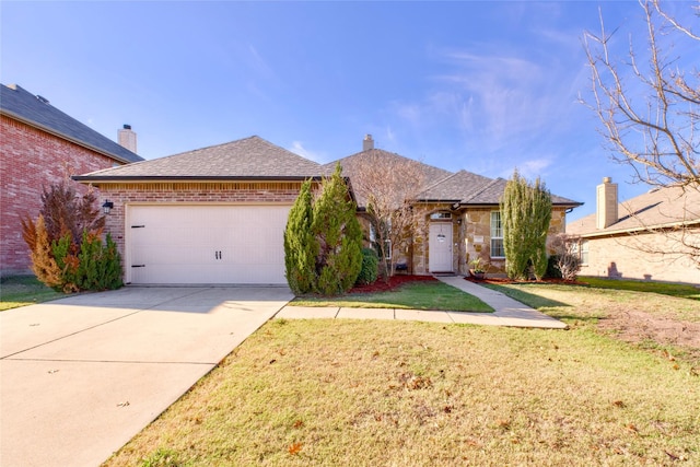 ranch-style home with a garage and a front yard