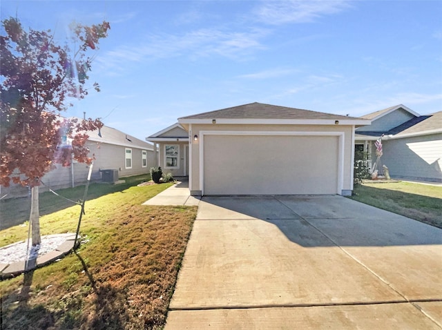 single story home with cooling unit, a garage, and a front lawn