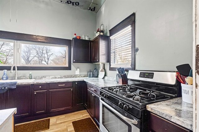 kitchen with a healthy amount of sunlight, sink, light hardwood / wood-style flooring, and stainless steel gas range