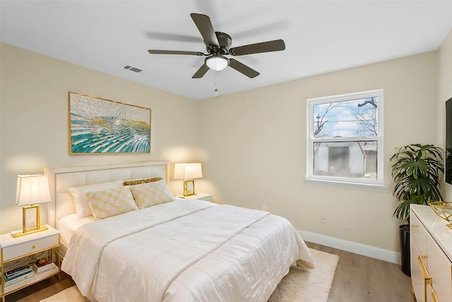 bedroom featuring ceiling fan and light hardwood / wood-style floors