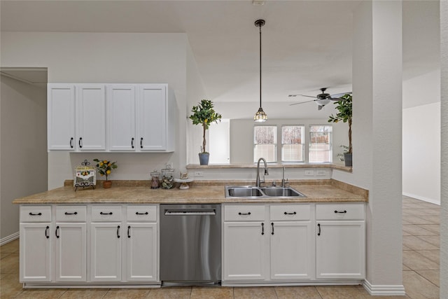 kitchen with white cabinetry, ceiling fan, dishwasher, and sink