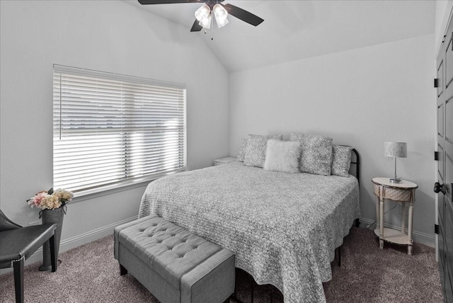 bedroom with lofted ceiling, carpet, baseboards, and ceiling fan