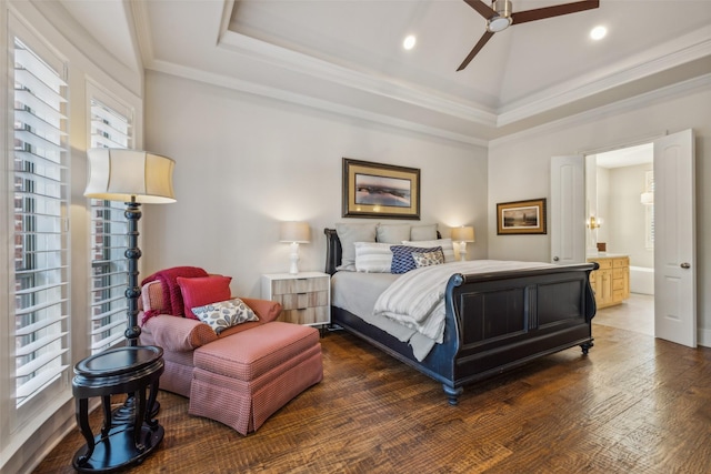 bedroom with ceiling fan, ensuite bathroom, crown molding, and a tray ceiling