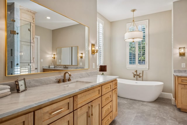 bathroom featuring vanity and independent shower and bath