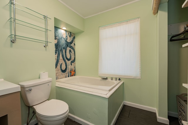 bathroom with toilet and crown molding