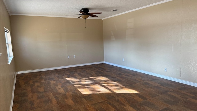 unfurnished room with crown molding, ceiling fan, and a textured ceiling