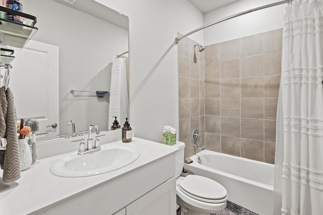 full bathroom with vanity, toilet, and shower / bathtub combination with curtain