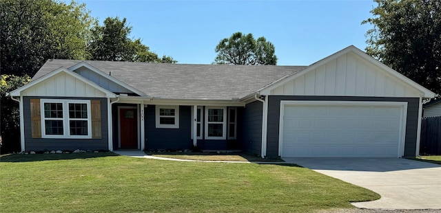 single story home with a garage and a front yard