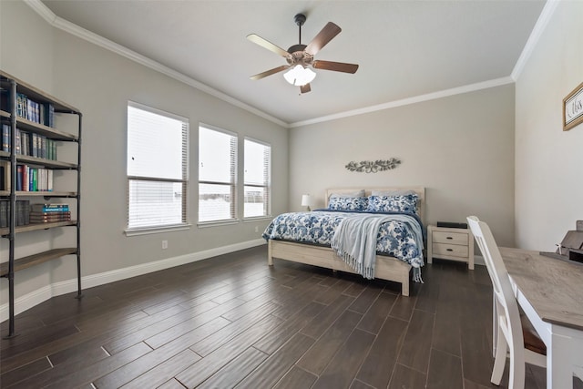 bedroom with dark wood-type flooring, ornamental molding, and ceiling fan