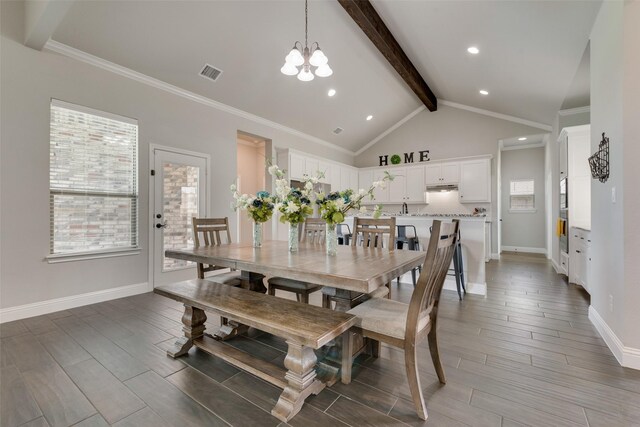 dining area with beamed ceiling, ornamental molding, high vaulted ceiling, and a chandelier