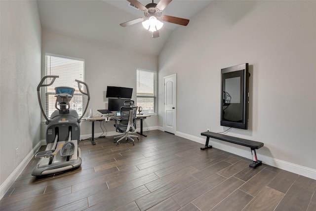 office space featuring high vaulted ceiling and ceiling fan